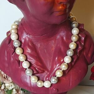 Large Pastel Colored Glass Pearl Beaded Necklace Silver Gold Tan Cream & White